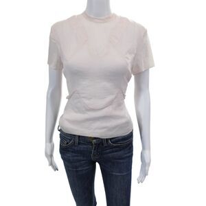 Morgane Le Fay Womens Back Zip Short Sleeve Sheer Blouse Pink Cotton Medium